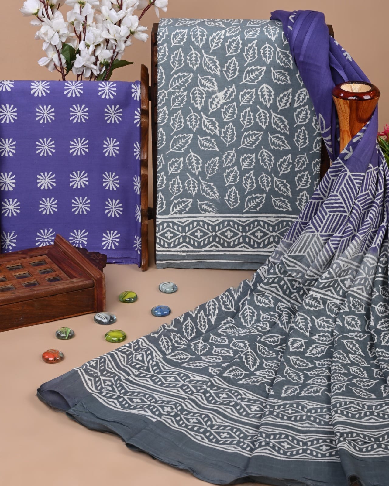 Cotton Unstitched Suit with Kota Doria Dupatta Pink Leaves Block Print –  Ethnic Rajasthan